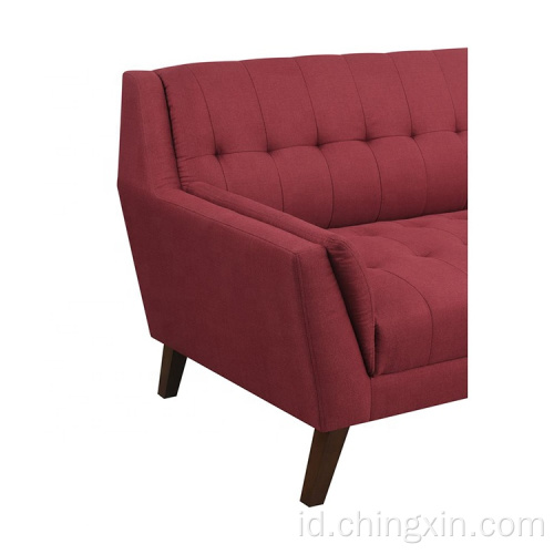 Sofa Santai Kain Merah Dua Kursi Ruang Tamu dengan Kaki Kayu Solid